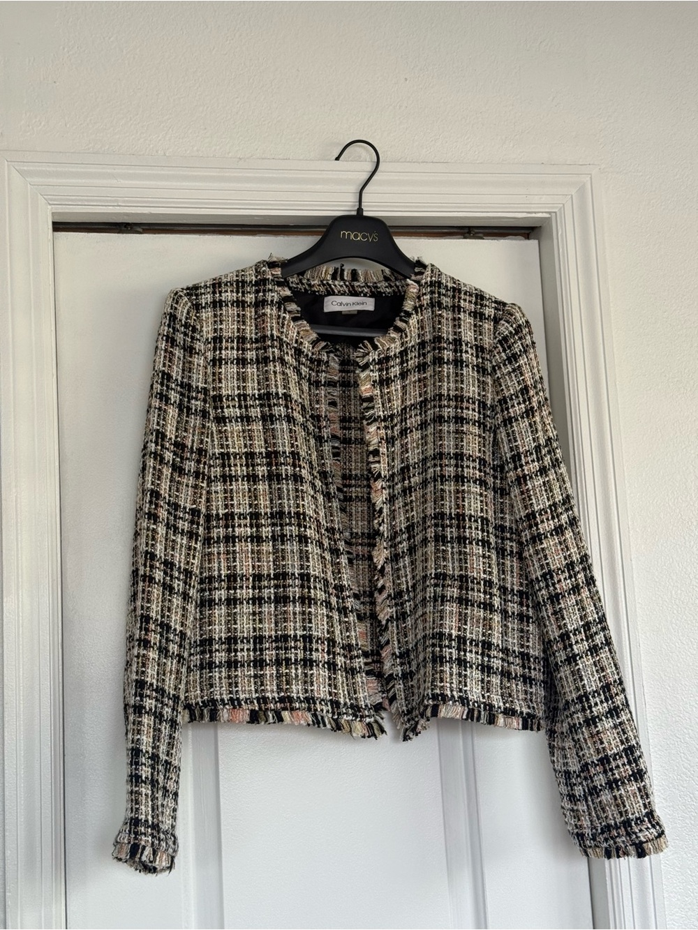 Calvin Klein Black and Cream Tweed Fringe Jacket